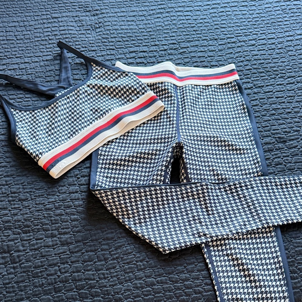 Splits59 Navy and White Houndstooth Leggings with Red-Trim Waistband